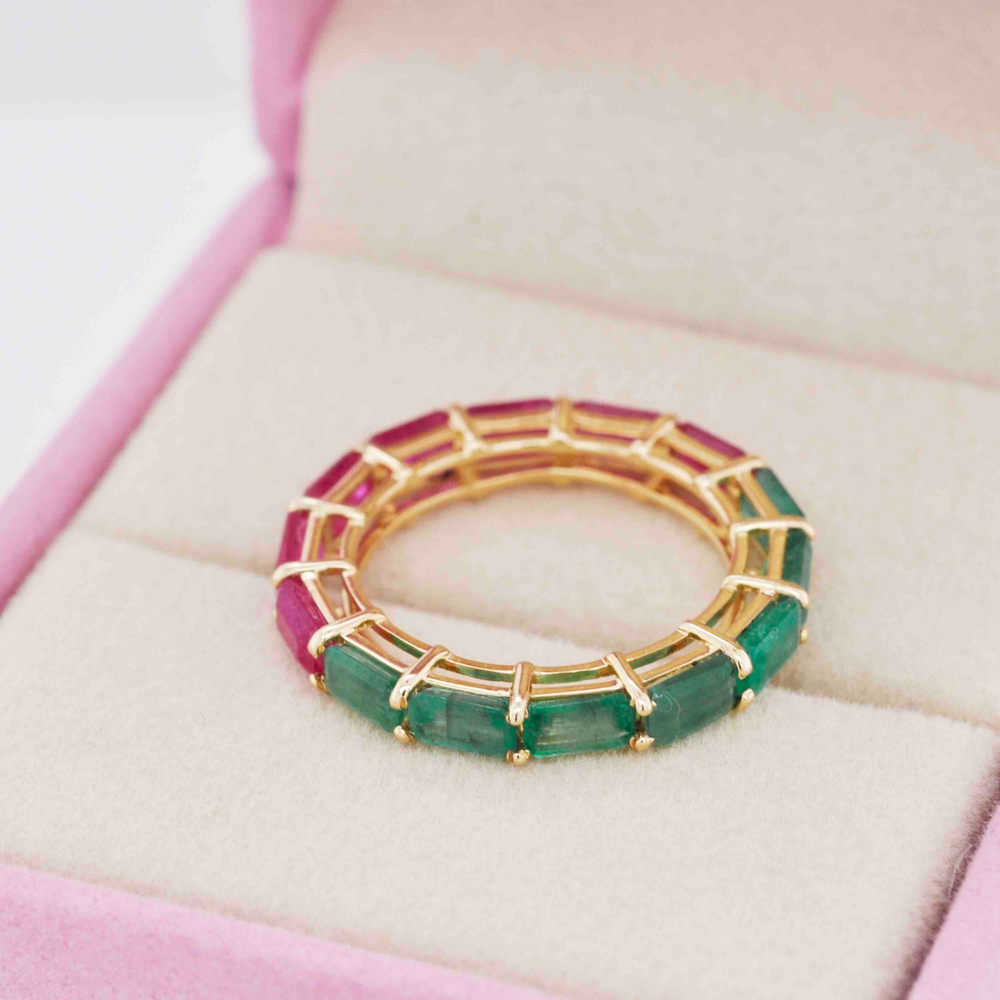 18K Gold Prong-Set Emerald Ruby Eternity Band Ring