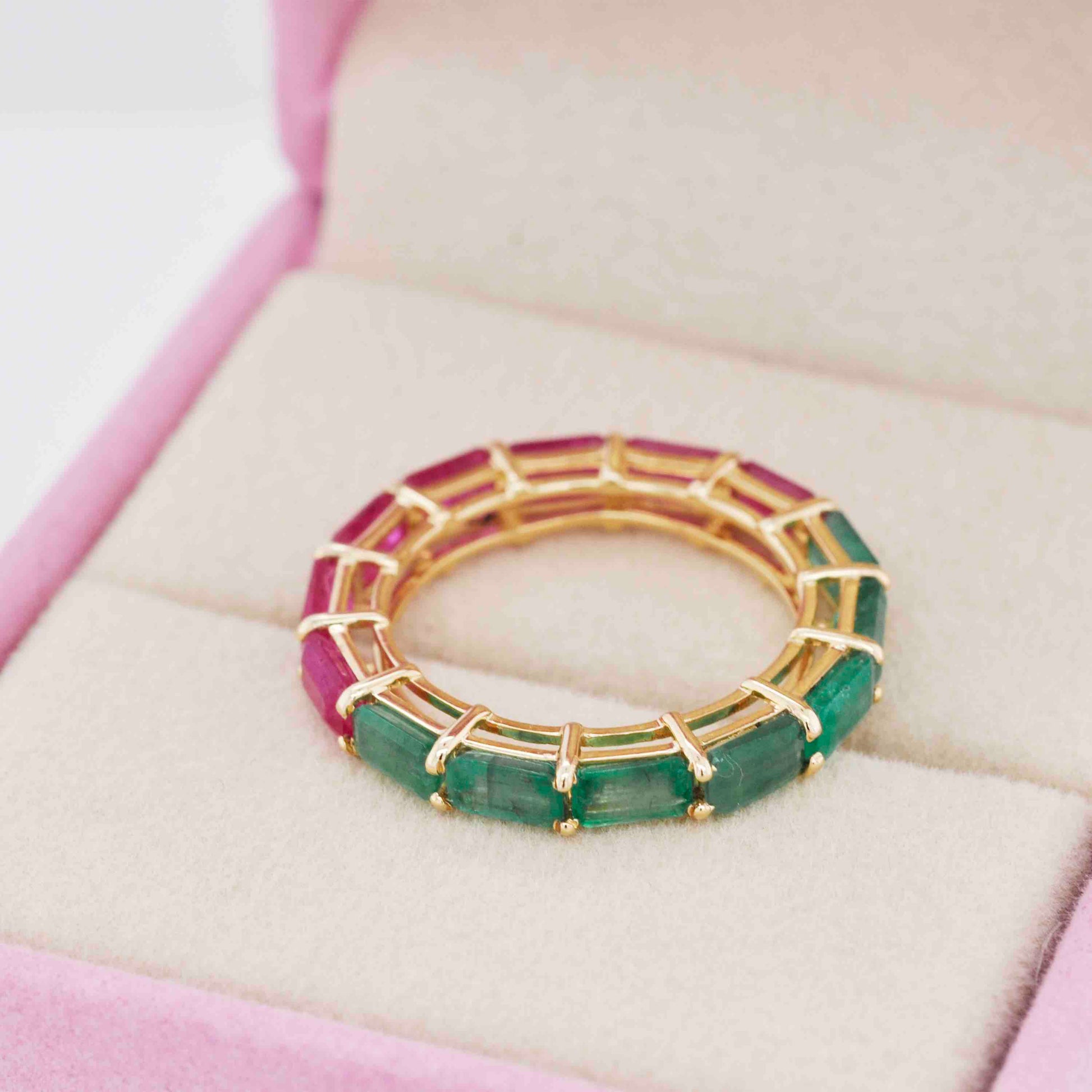 18K Gold Prong-Set Emerald Ruby Eternity Band Ring - Vaibhav Dhadda Jewelry