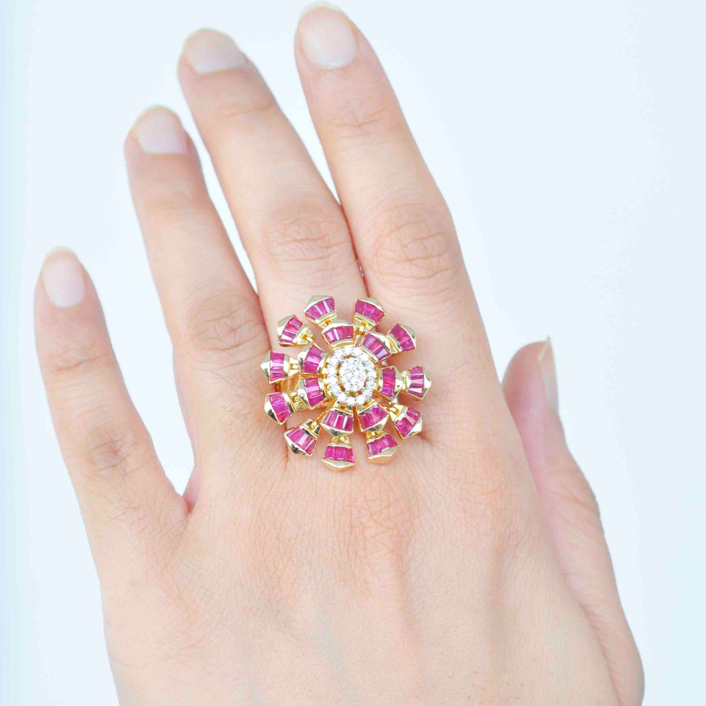 Handcrafted baguette diamond cocktail ring with rubies