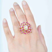Handcrafted baguette diamond cocktail ring with rubies