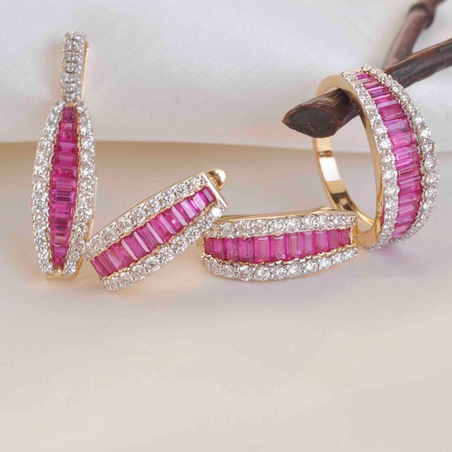 18K Gold Ruby Baguette Diamond Huggie Hoop Earrings