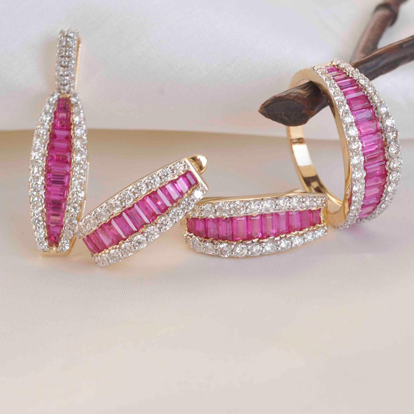 18K Gold Ruby Baguette Diamond Huggie Hoop Earrings - Vaibhav Dhadda Jewelry