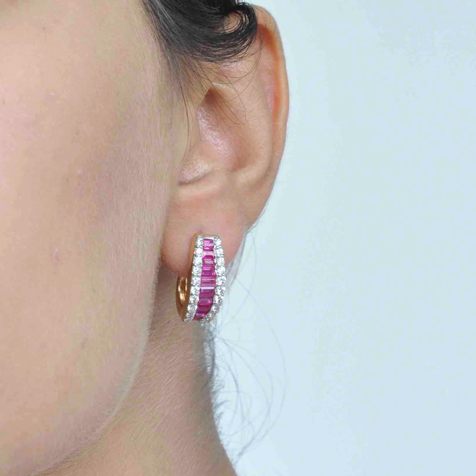 18K Gold Ruby Baguette Diamond Huggie Hoop Earrings - Vaibhav Dhadda Jewelry