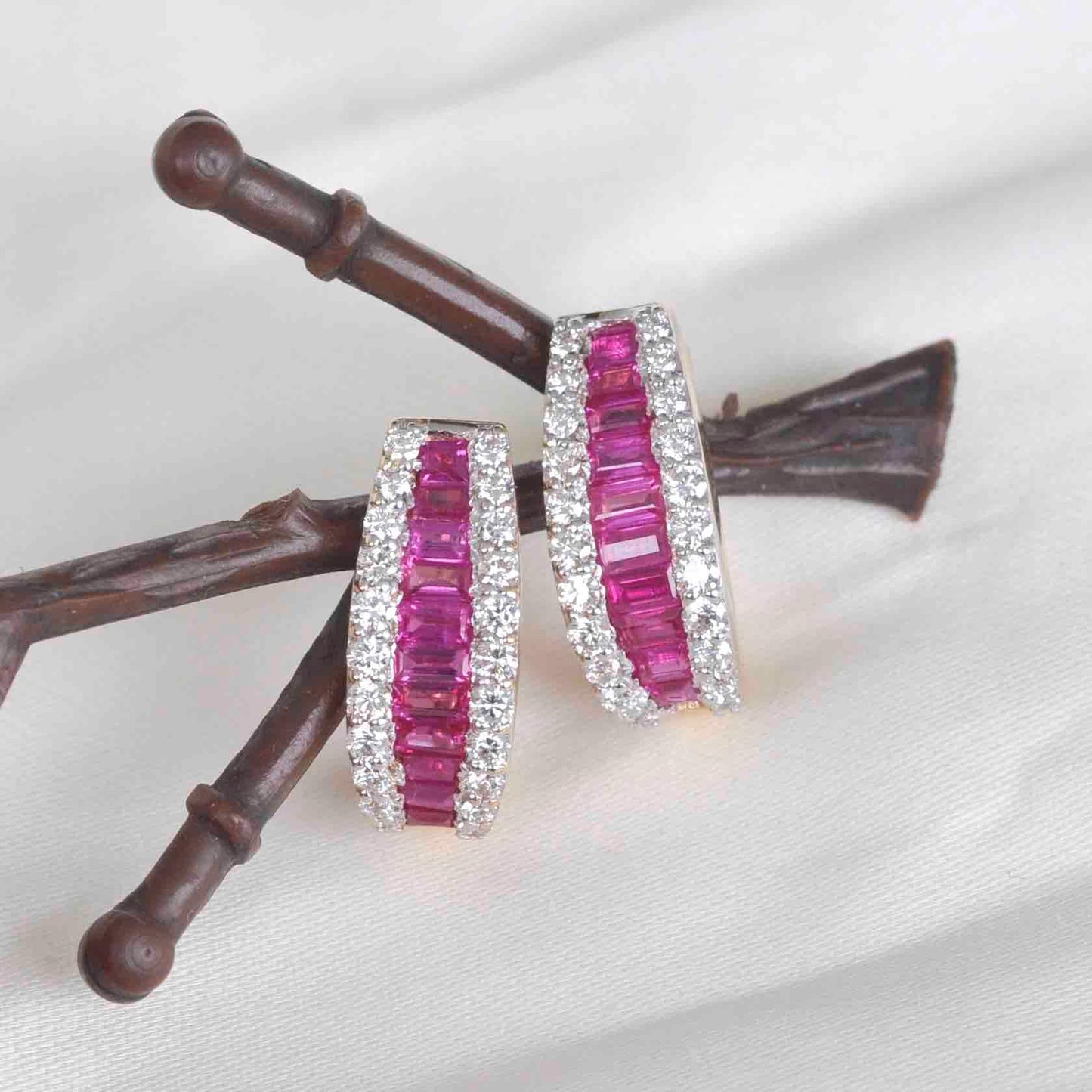 18K Gold Ruby Baguette Diamond Huggie Hoop Earrings - Vaibhav Dhadda Jewelry