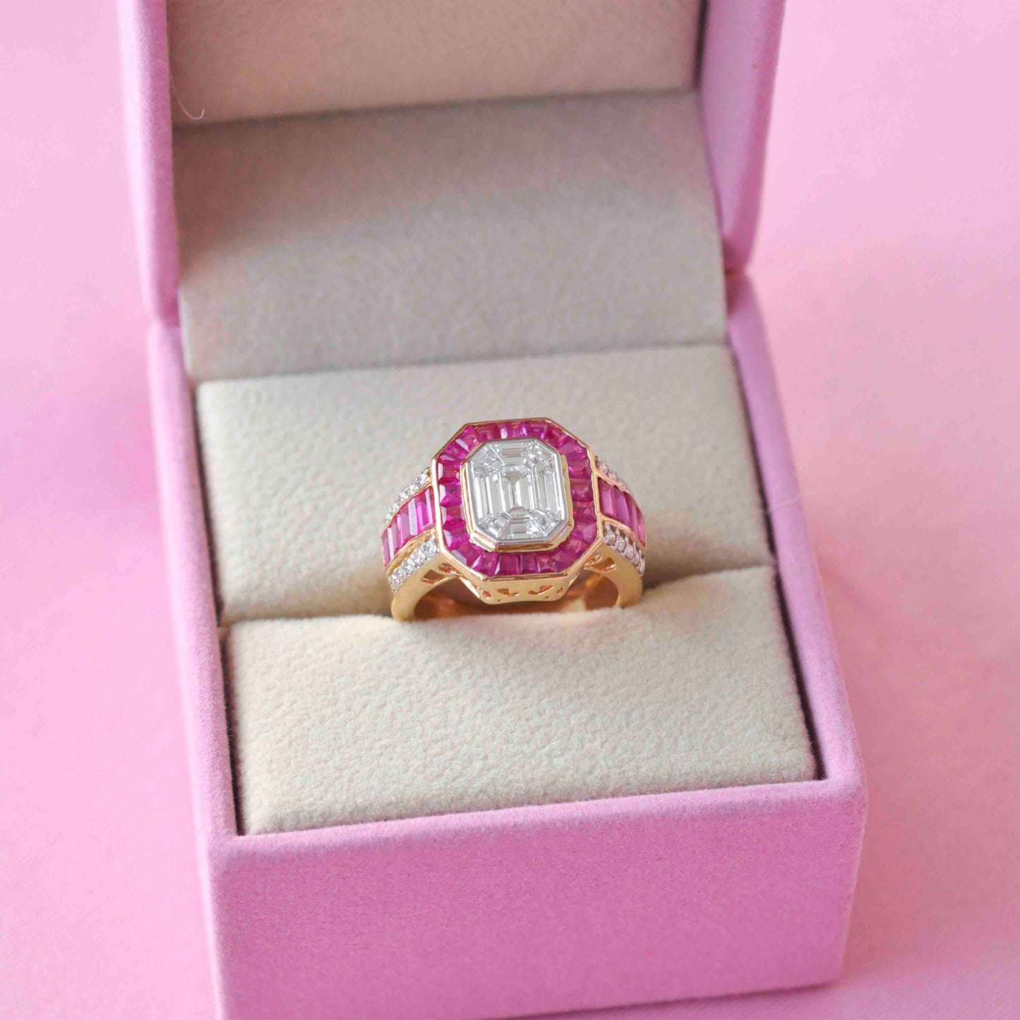18K Gold Ruby Art Deco Diamond Octagon ring - Vaibhav Dhadda Jewelry