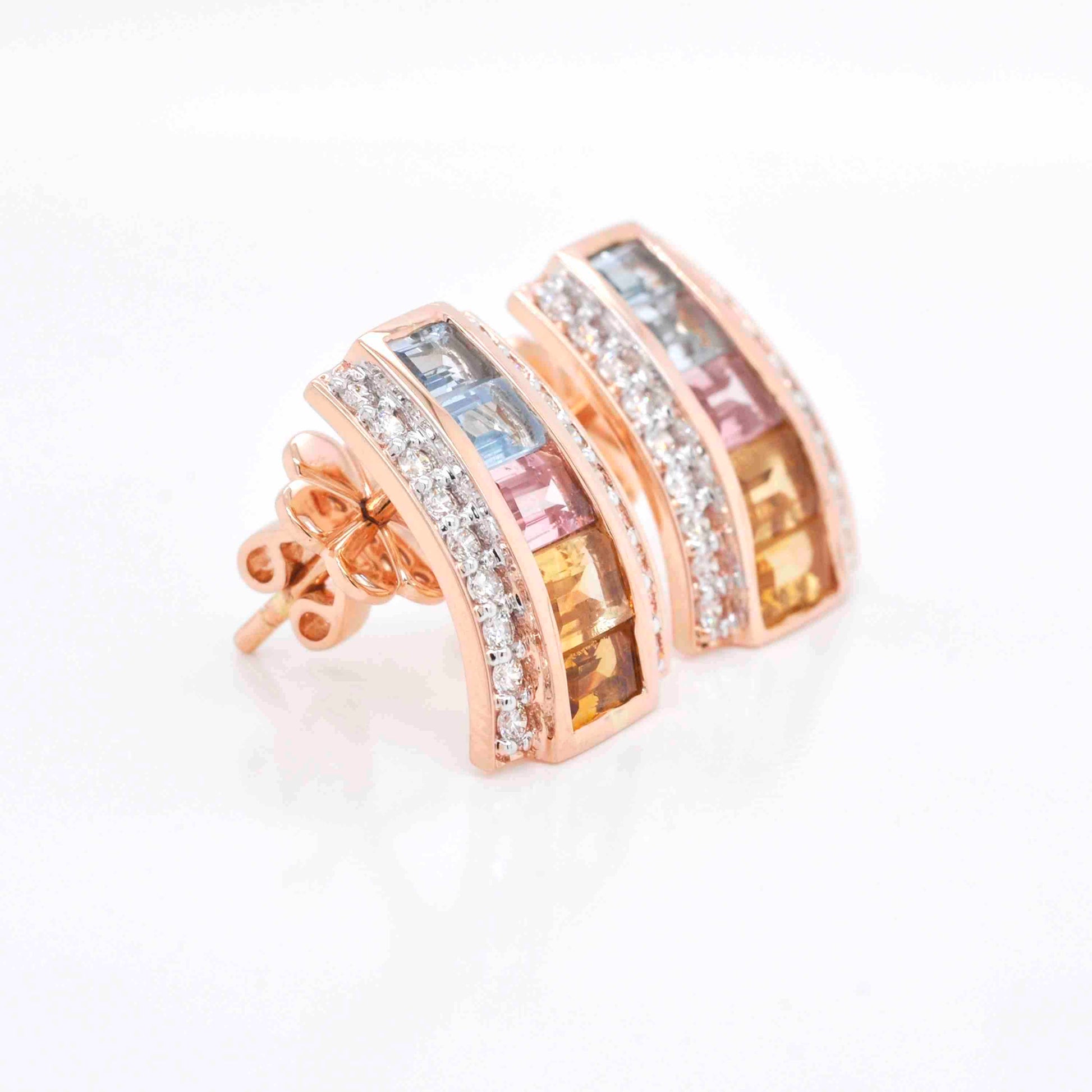 18K Gold Pyramid Rainbow Gemstones Diamond Stud Earrings - Vaibhav Dhadda Jewelry