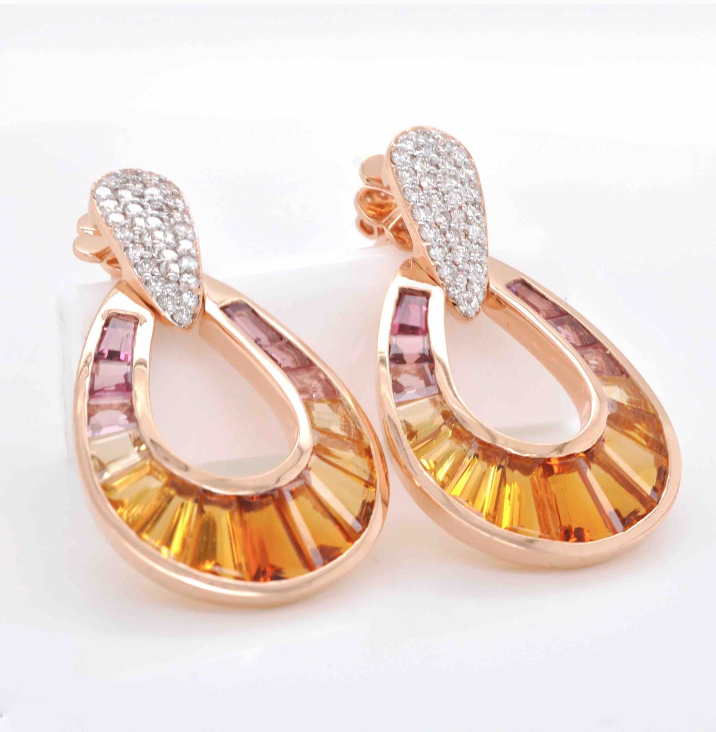 18K Gold Citrine Pink Tourmaline Diamond Raindrop Set - Vaibhav Dhadda Jewelry