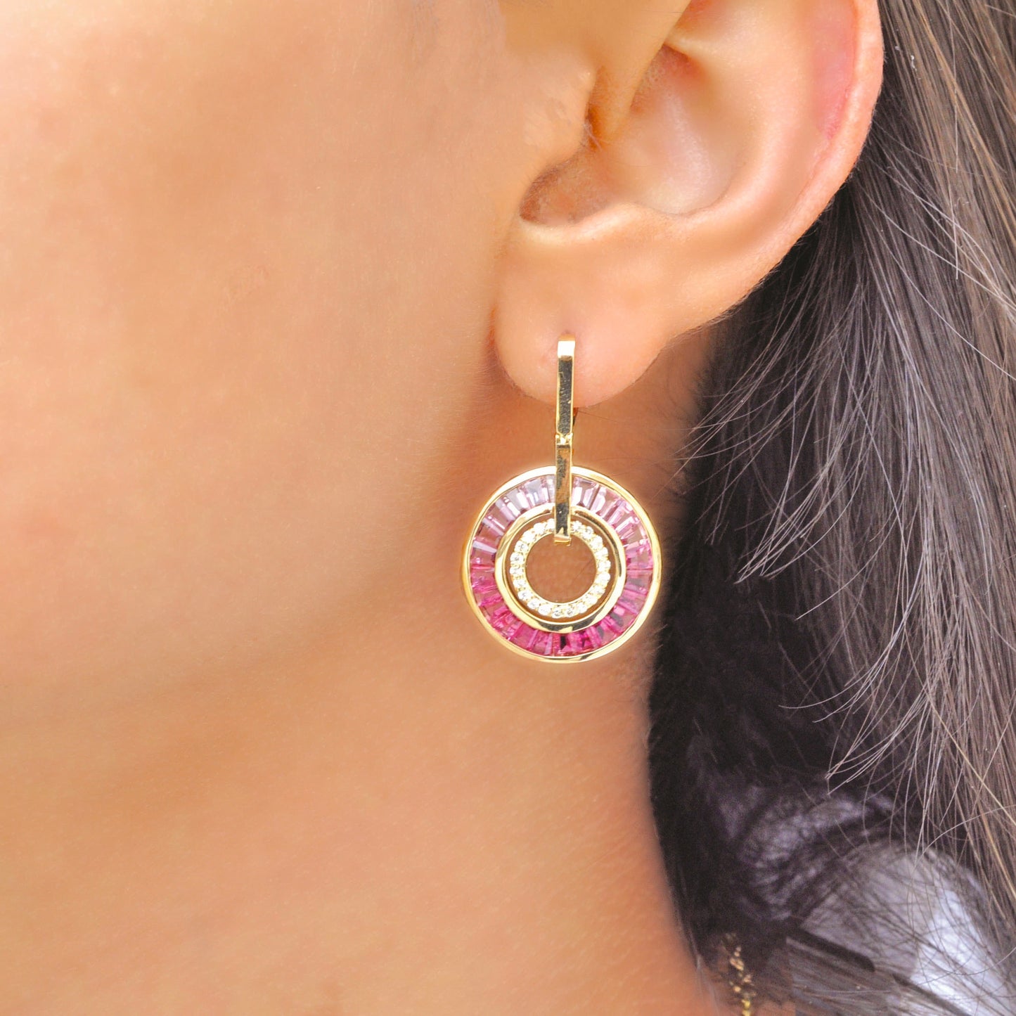 Circle Pink Tourmaline Dangle Earrings