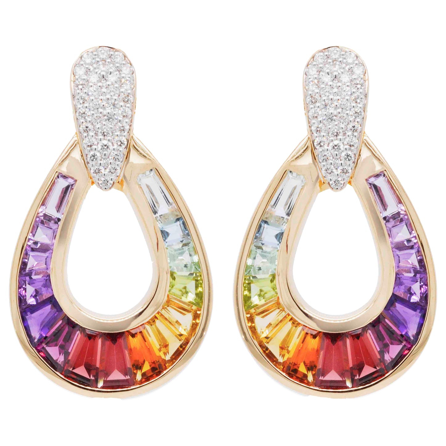 18K Gold Rainbow Gemstones Diamond Raindrop Earrings