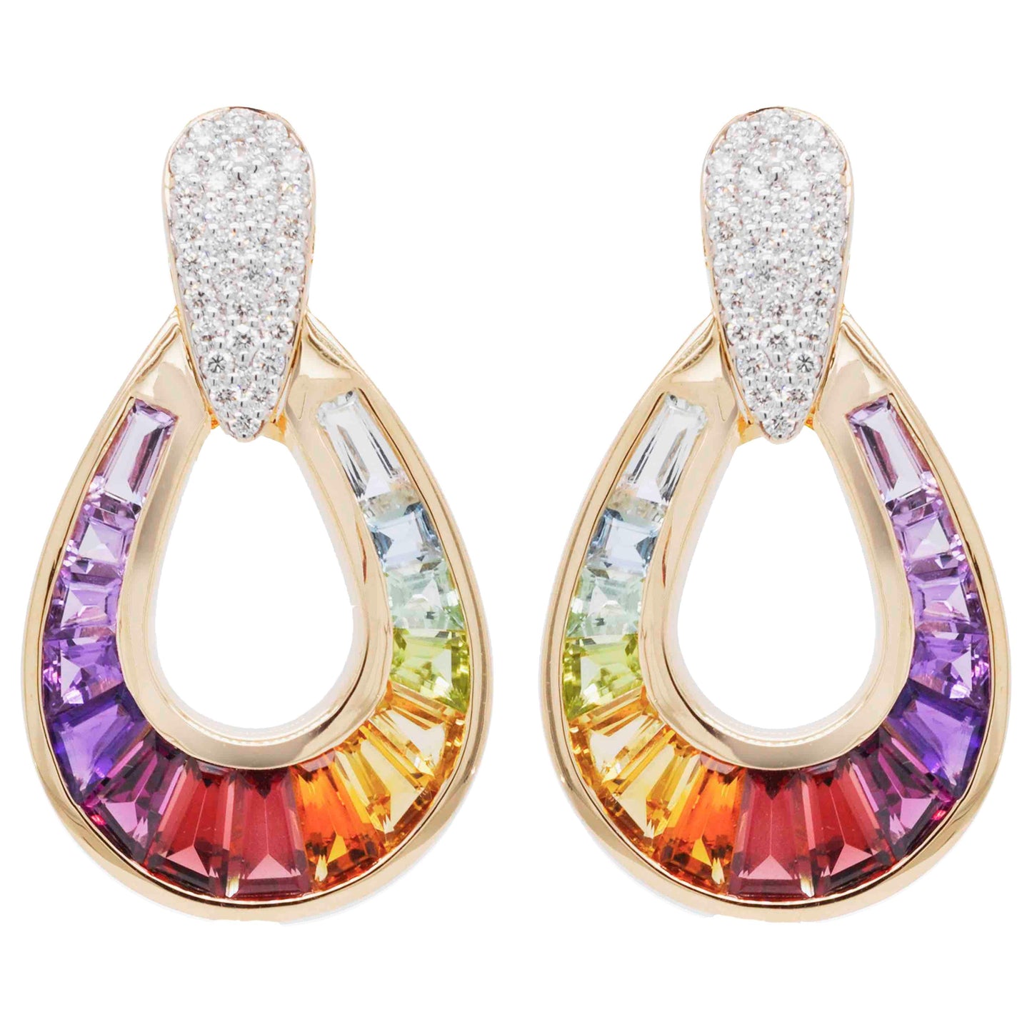 18K Gold Rainbow Gemstones Diamond Doorknocker Earrings