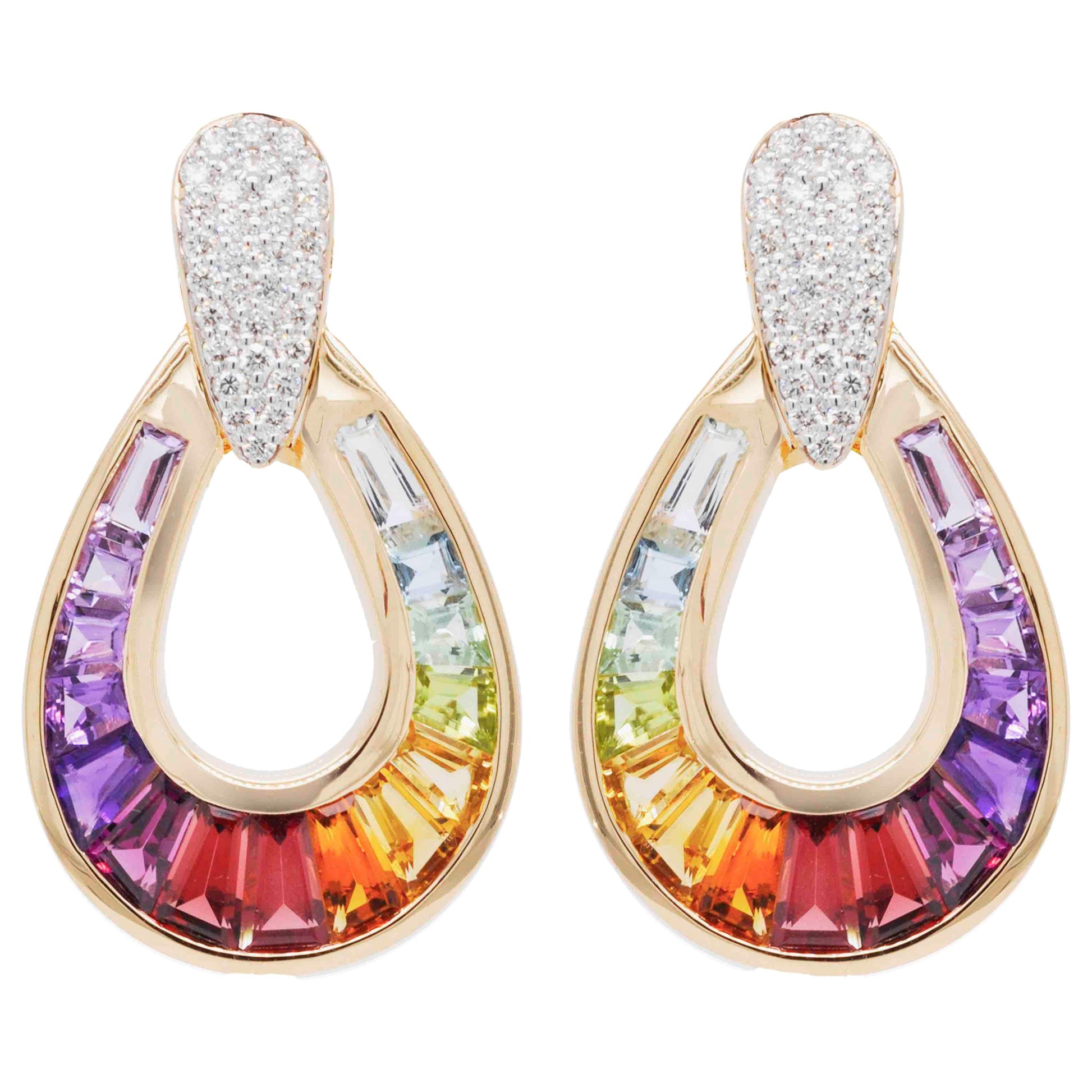 18K Gold Rainbow Gemstones Diamond Doorknocker Earrings