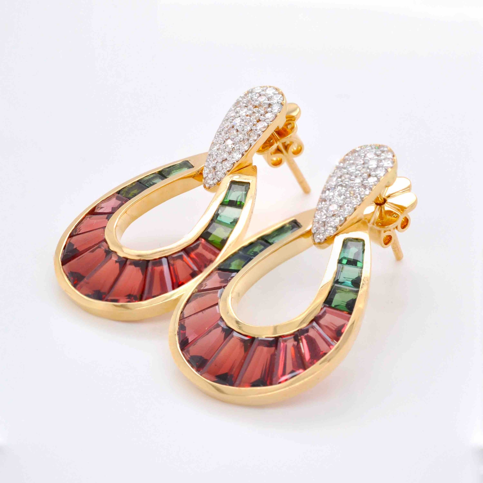 18K Gold Garnet Green Tourmaline Diamond Raindrop Set - Vaibhav Dhadda Jewelry