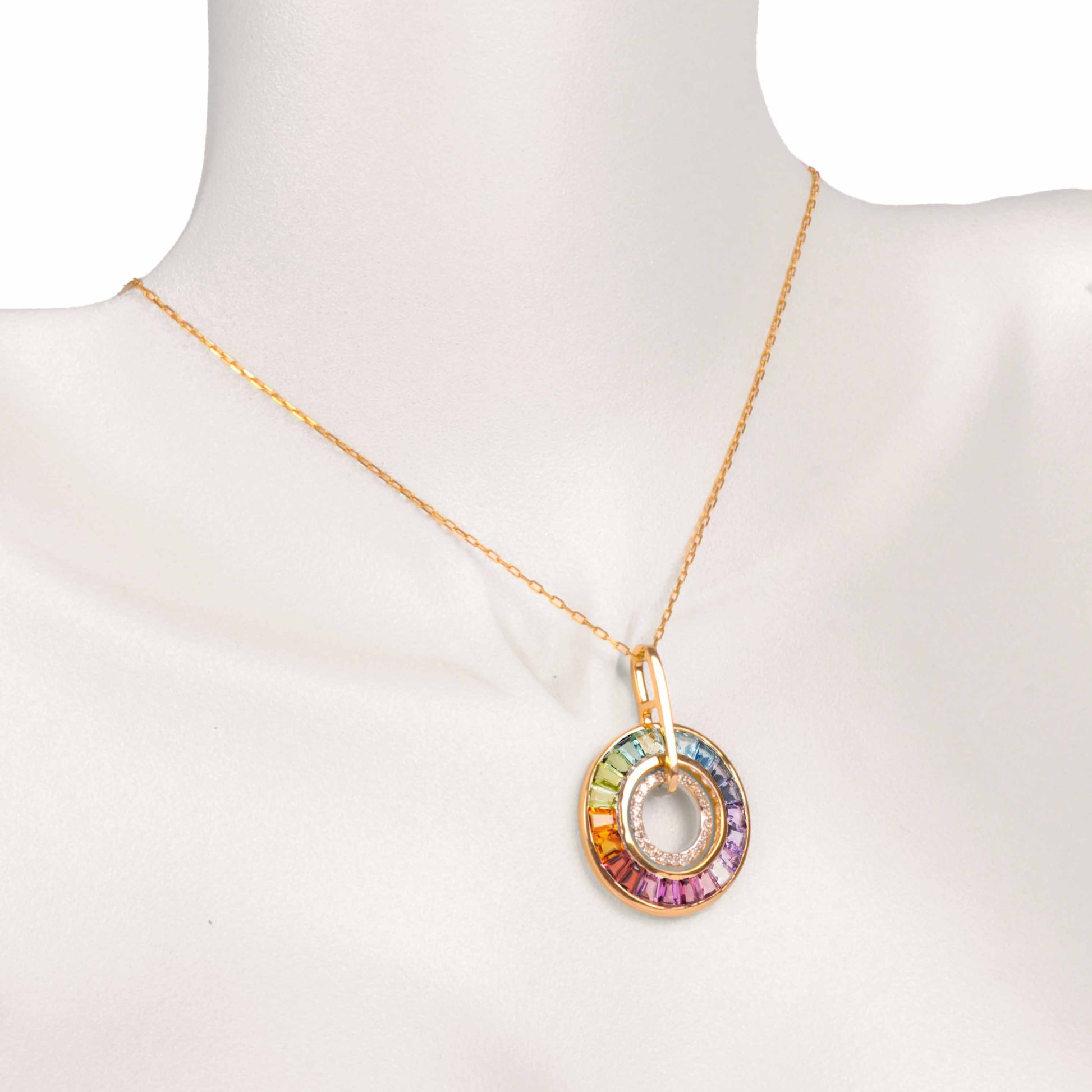 18K Gold Rainbow Tapered Baguette Gemstone Circle Pendant - Vaibhav Dhadda Jewelry