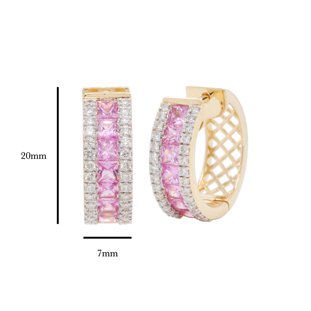 18K Gold Pink Sapphire Diamond Baguette Huggie Hoop Earrings