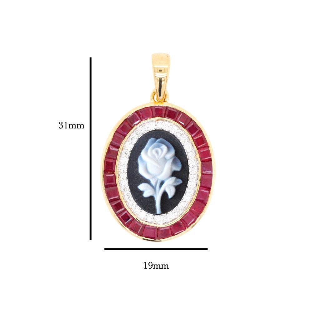 18K Gold Ruby Baguette Carved Flower Cameo Pendant - Vaibhav Dhadda Jewelry