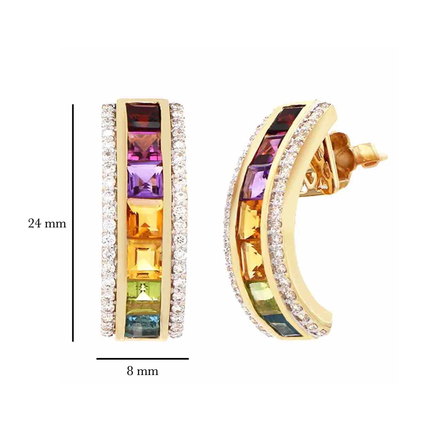 18K Gold Rainbow Gemstones Diamond Stud Earrings