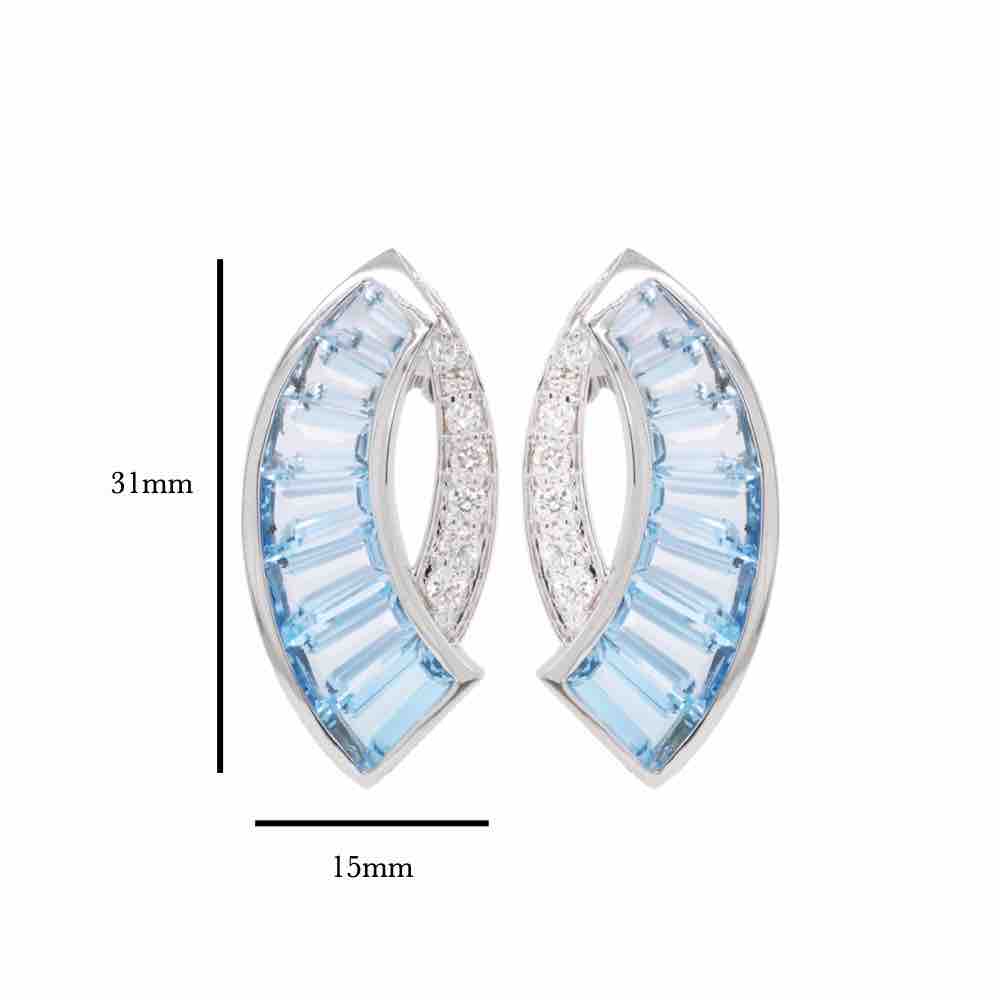 18k White Gold Blue Topaz Baguette Diamond Sword Earrings