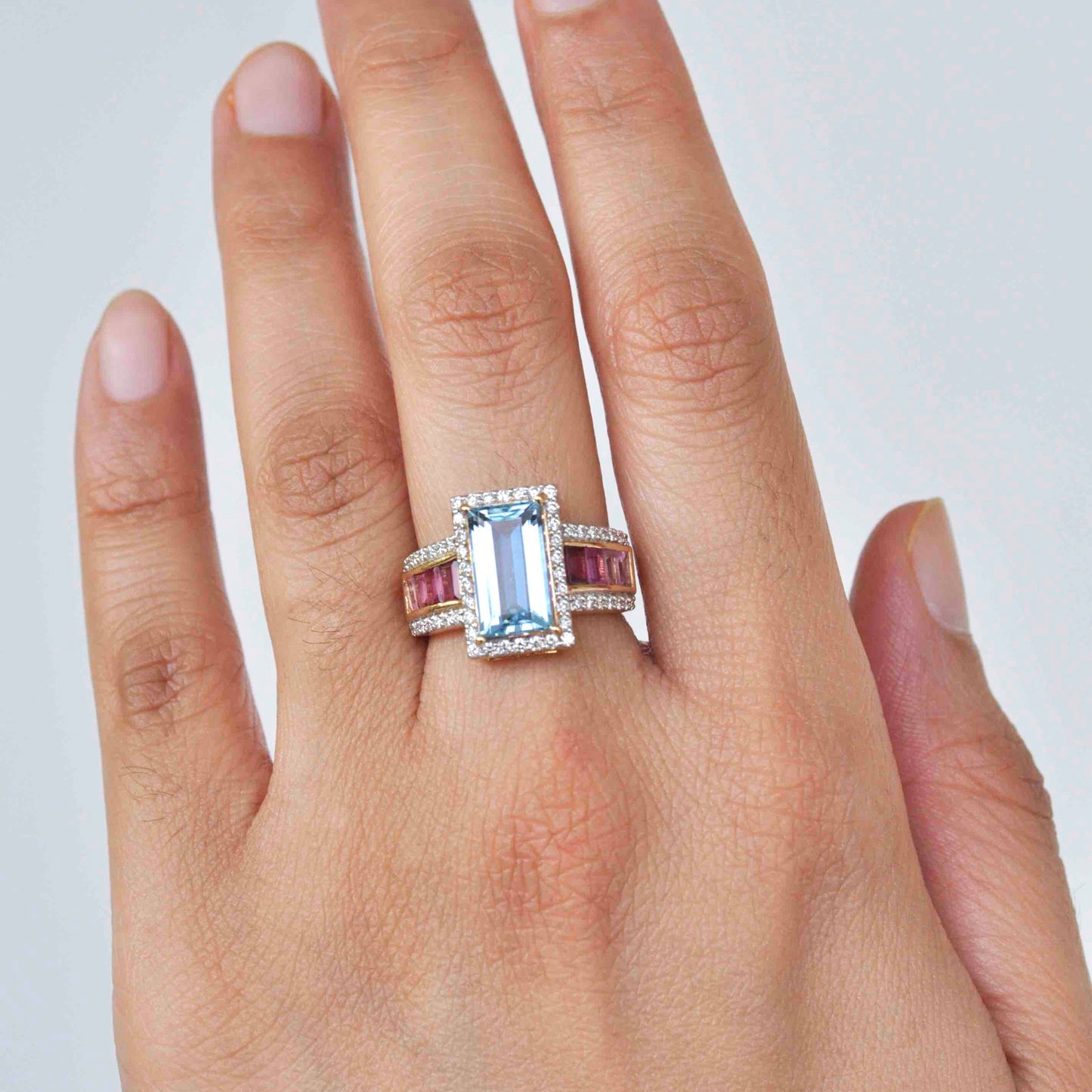 18K Gold Aquamarine Pink Tourmaline Baguette Diamond Ring - Vaibhav Dhadda Jewelry