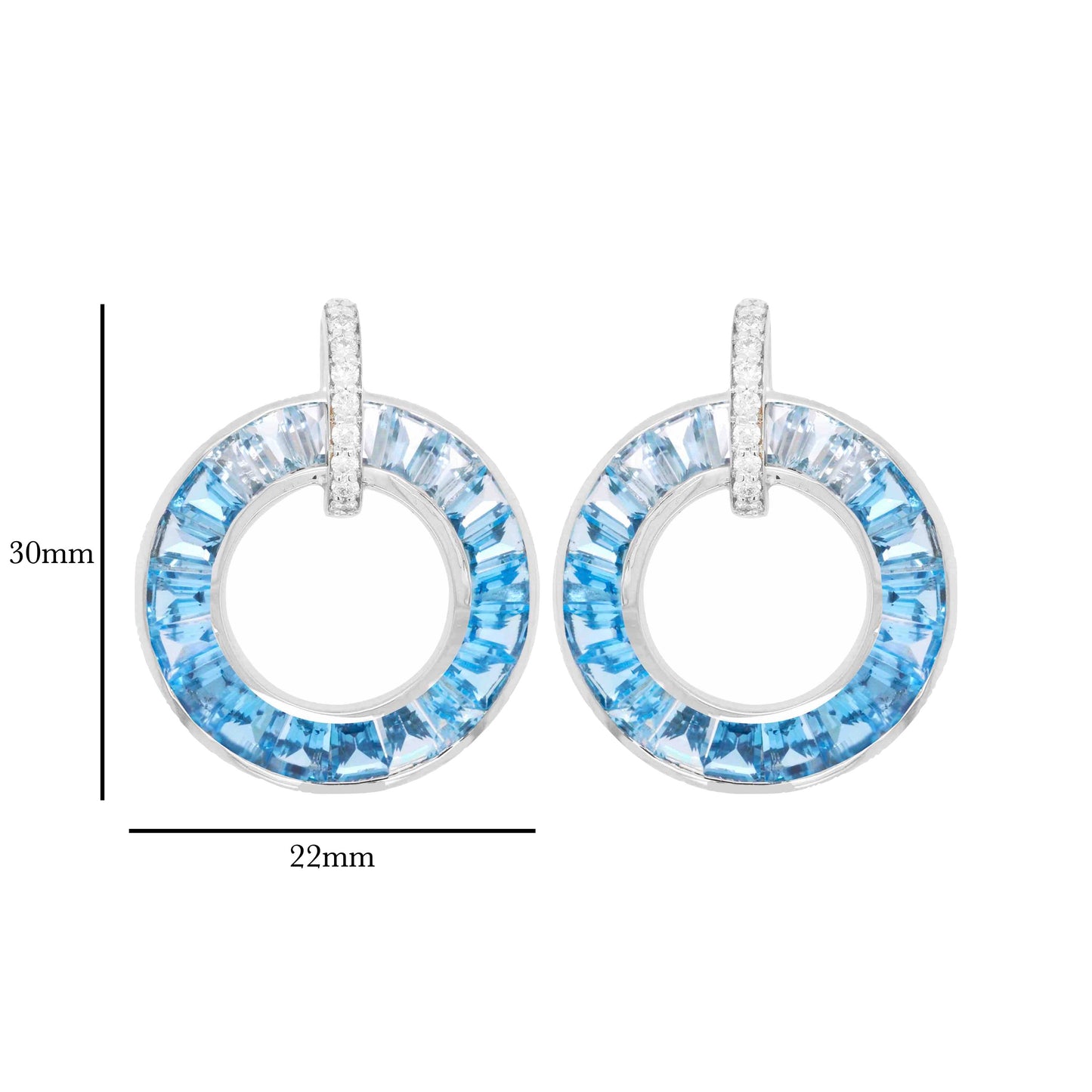 18K White Gold Tapered Baguette Blue Topaz Diamond Circle Earrings - Vaibhav Dhadda Jewelry