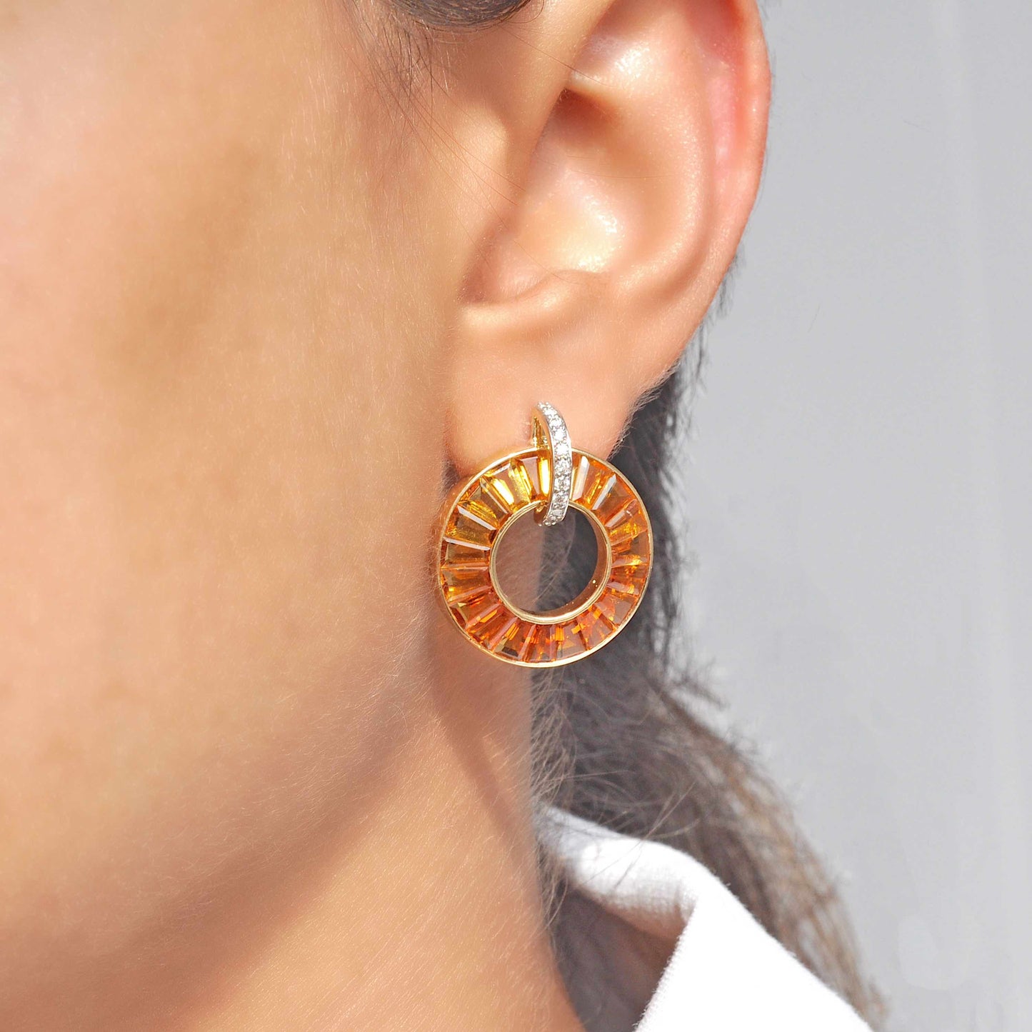 18K Gold Baguette Citrine Diamond Circle Earrings