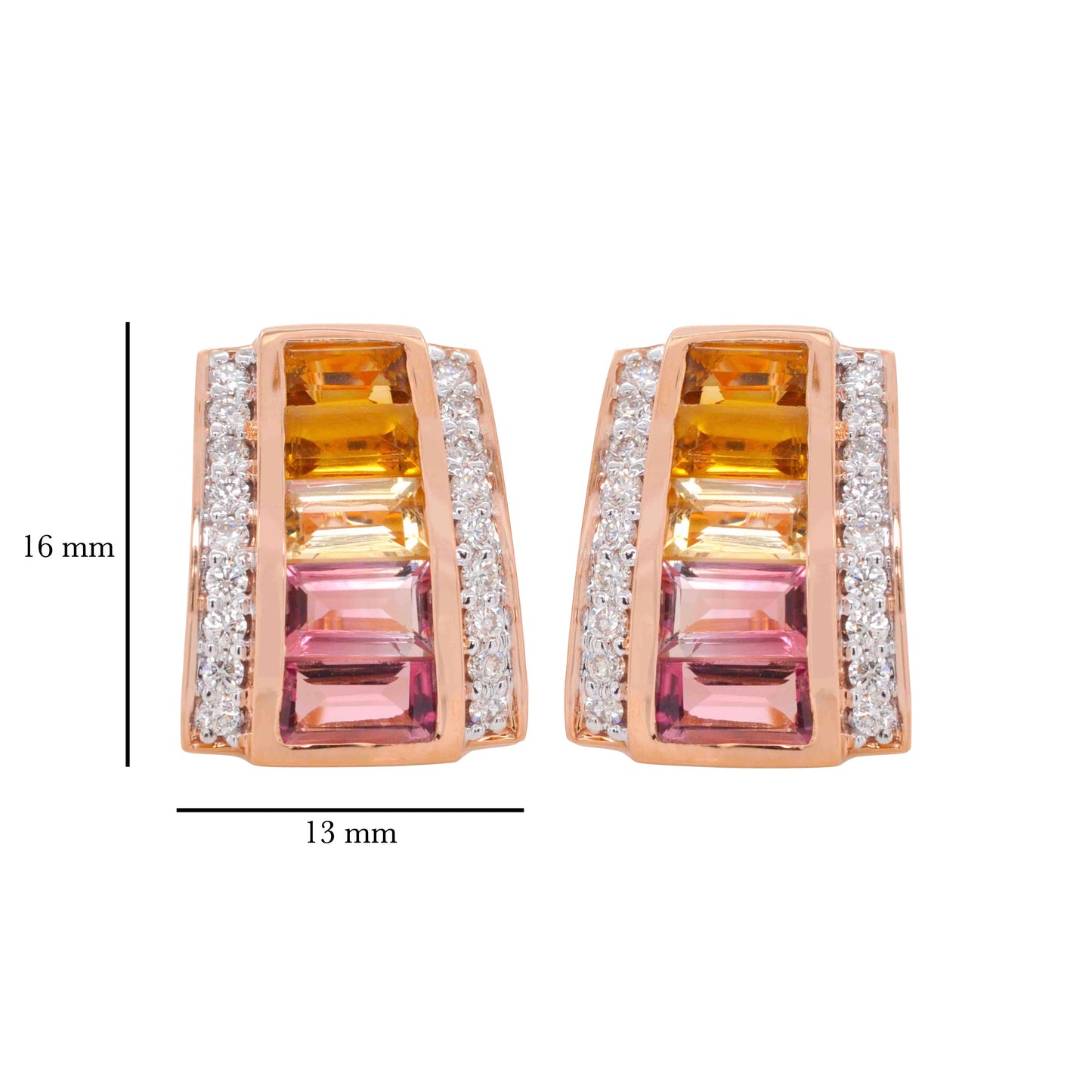 18K Gold Citrine Pink Tourmaline Art deco Diamond Stud Earrings