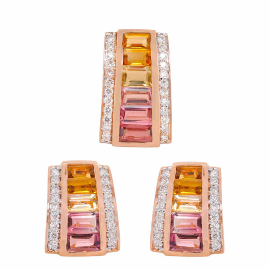 18K Gold Citrine Pink Tourmaline Pyramid Diamond Set - Vaibhav Dhadda Jewelry