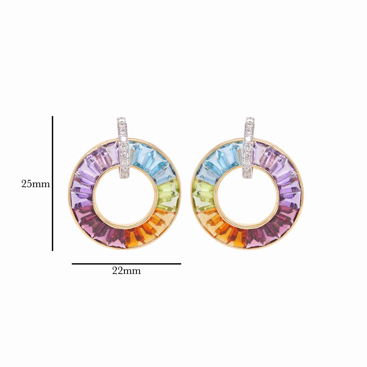 18K Gold Rainbow Gemstones Diamond Circle Earrings