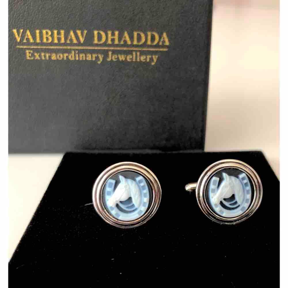 Hand-Carved Horse-Shoe Agate Cameo Cufflinks - Vaibhav Dhadda Jewelry