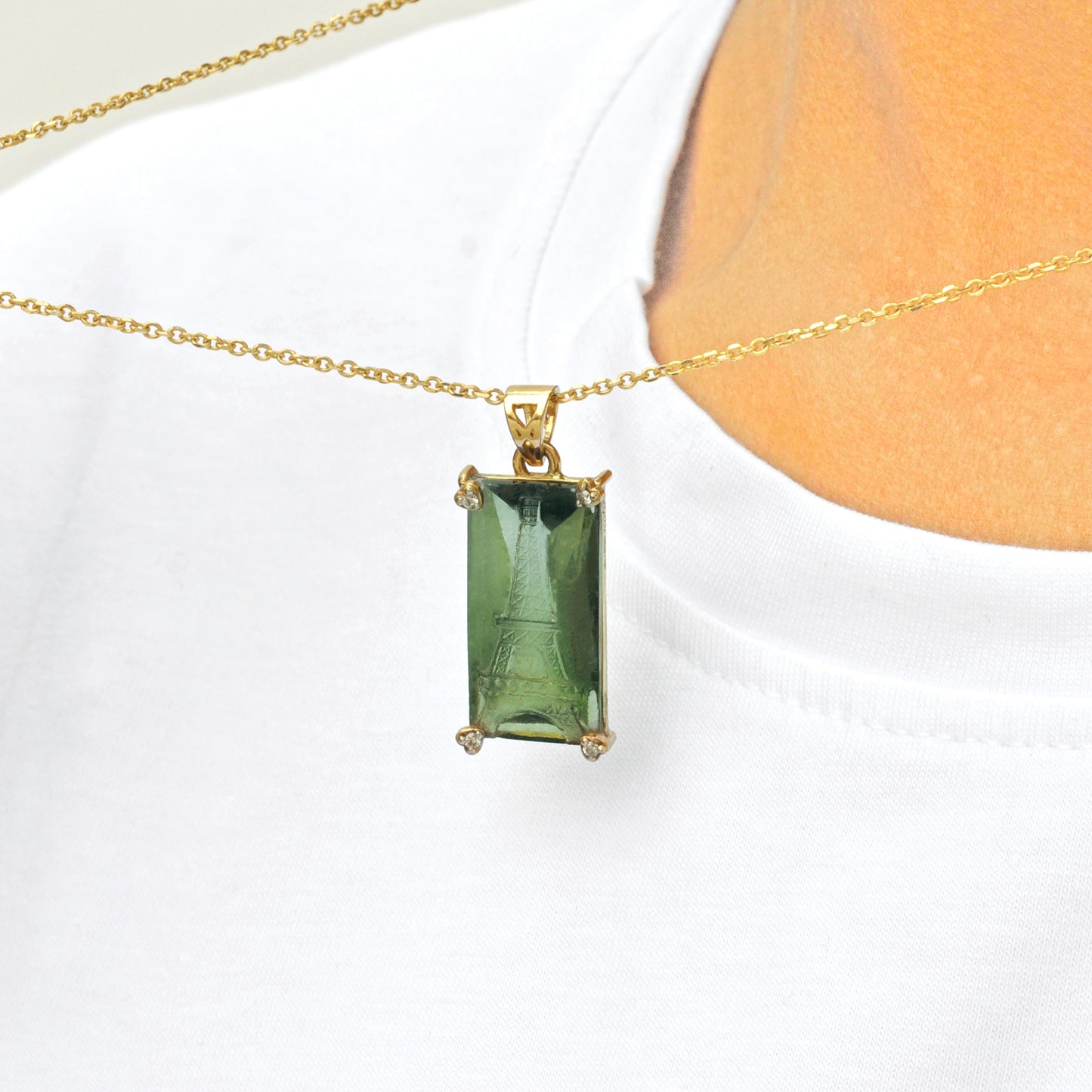 Hand-Carved Eiffel Tower Green Tourmaline Pendant