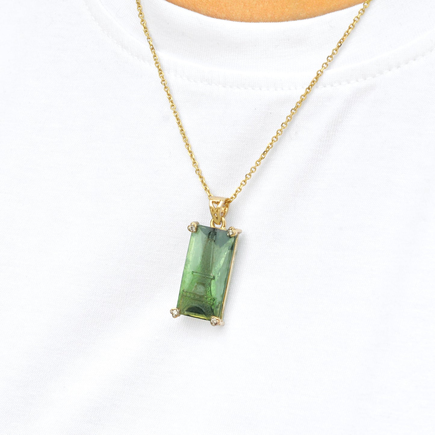 Hand-Carved Eiffel Tower Green Tourmaline Pendant