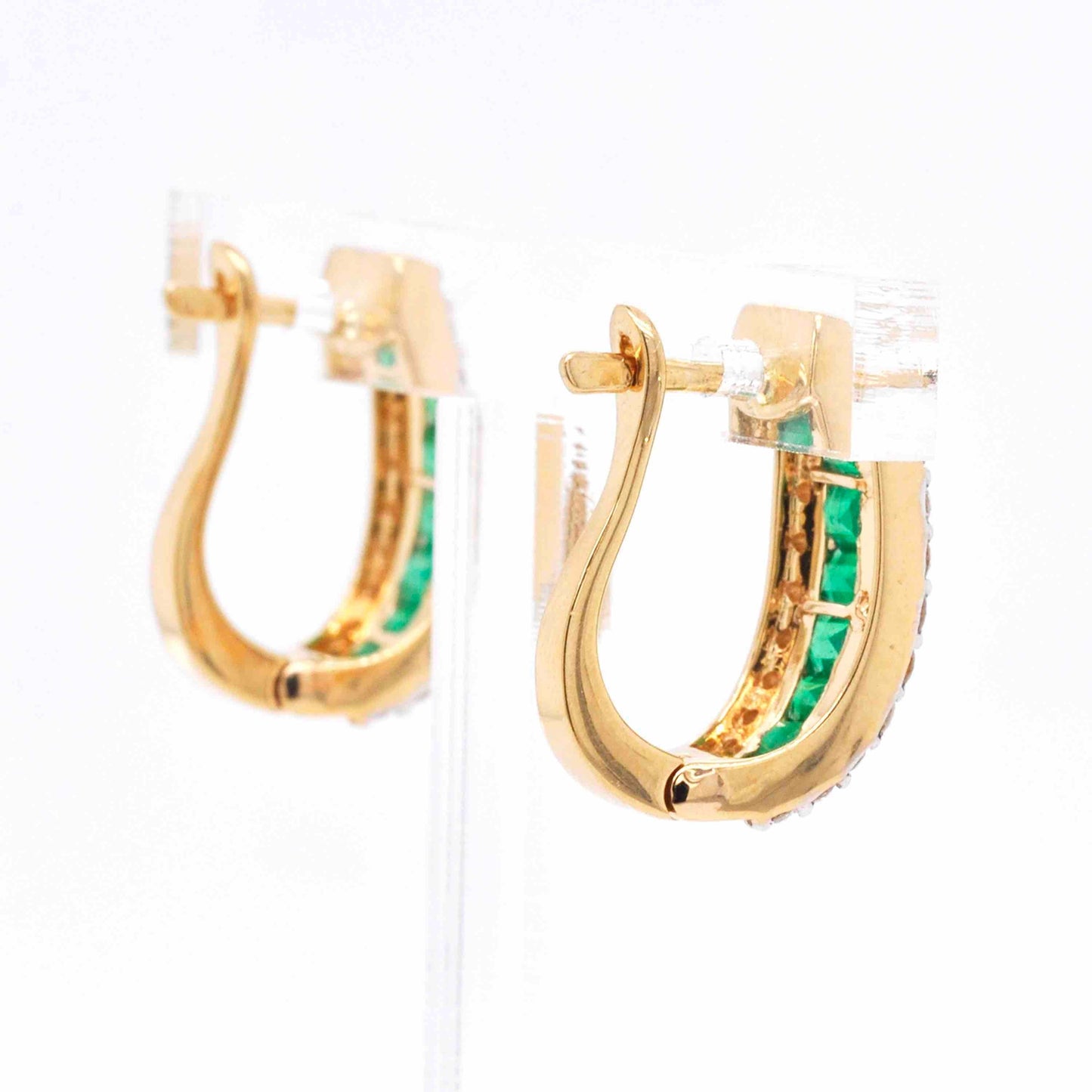 emerald huggie hoop earrings with diamond gold