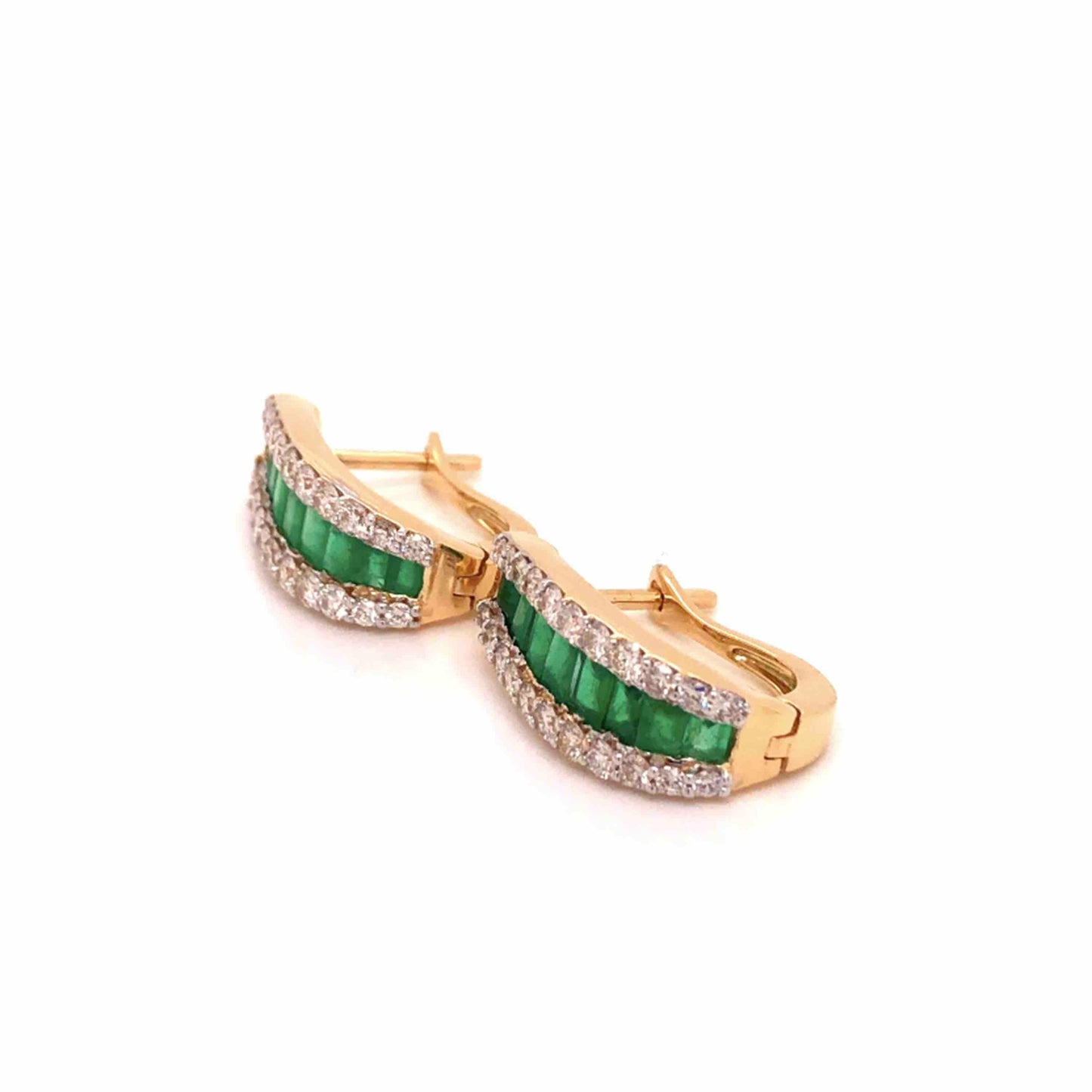 18K Gold Natural Emerald Baguette Huggie Hoop Earrings - Vaibhav Dhadda Jewelry