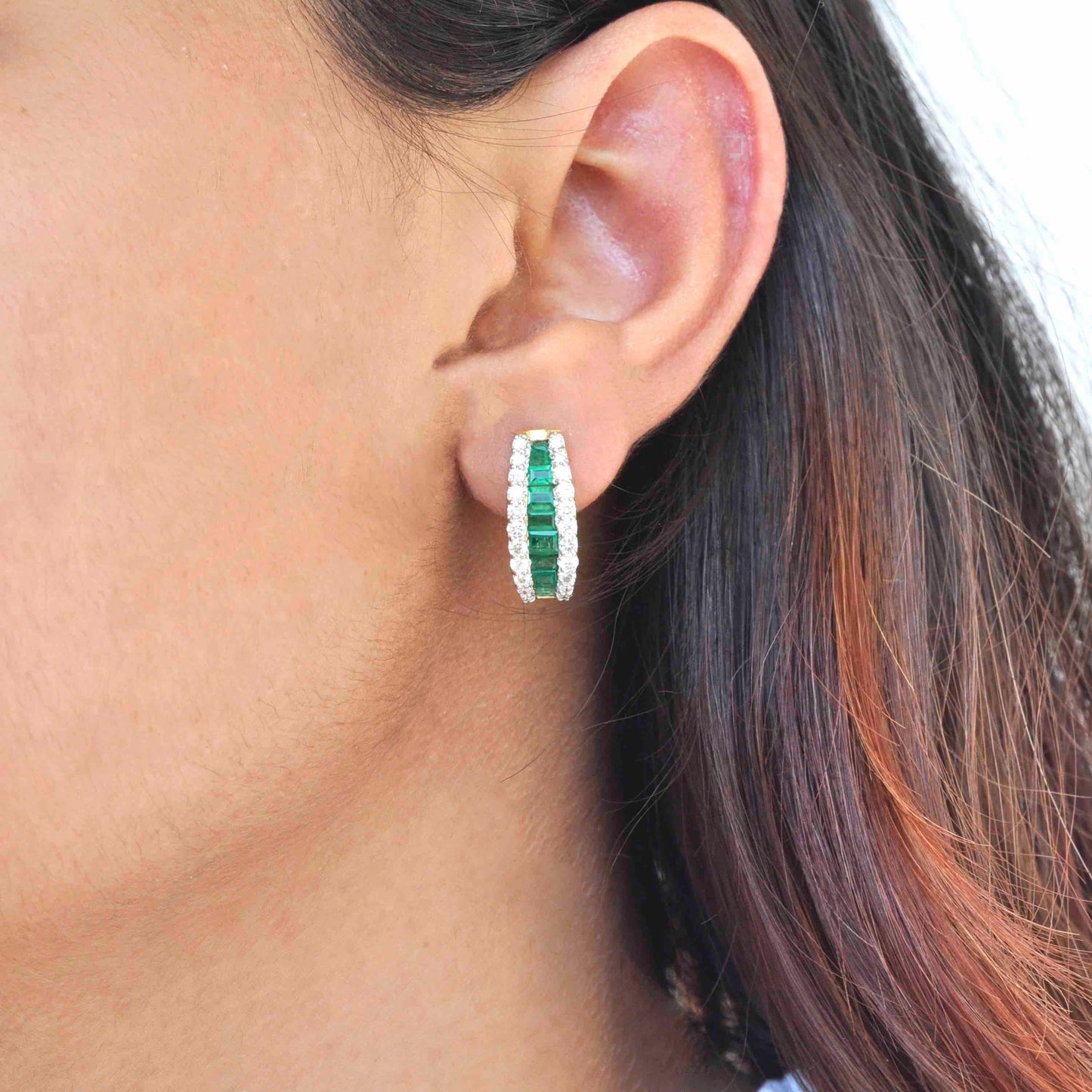 18K Gold Natural Emerald Baguette Huggie Hoop Earrings - Vaibhav Dhadda Jewelry