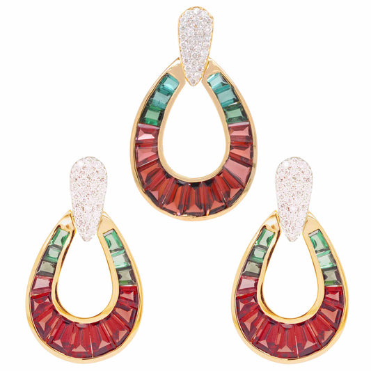 18K Gold Garnet Green Tourmaline Diamond Raindrop Set - Vaibhav Dhadda Jewelry