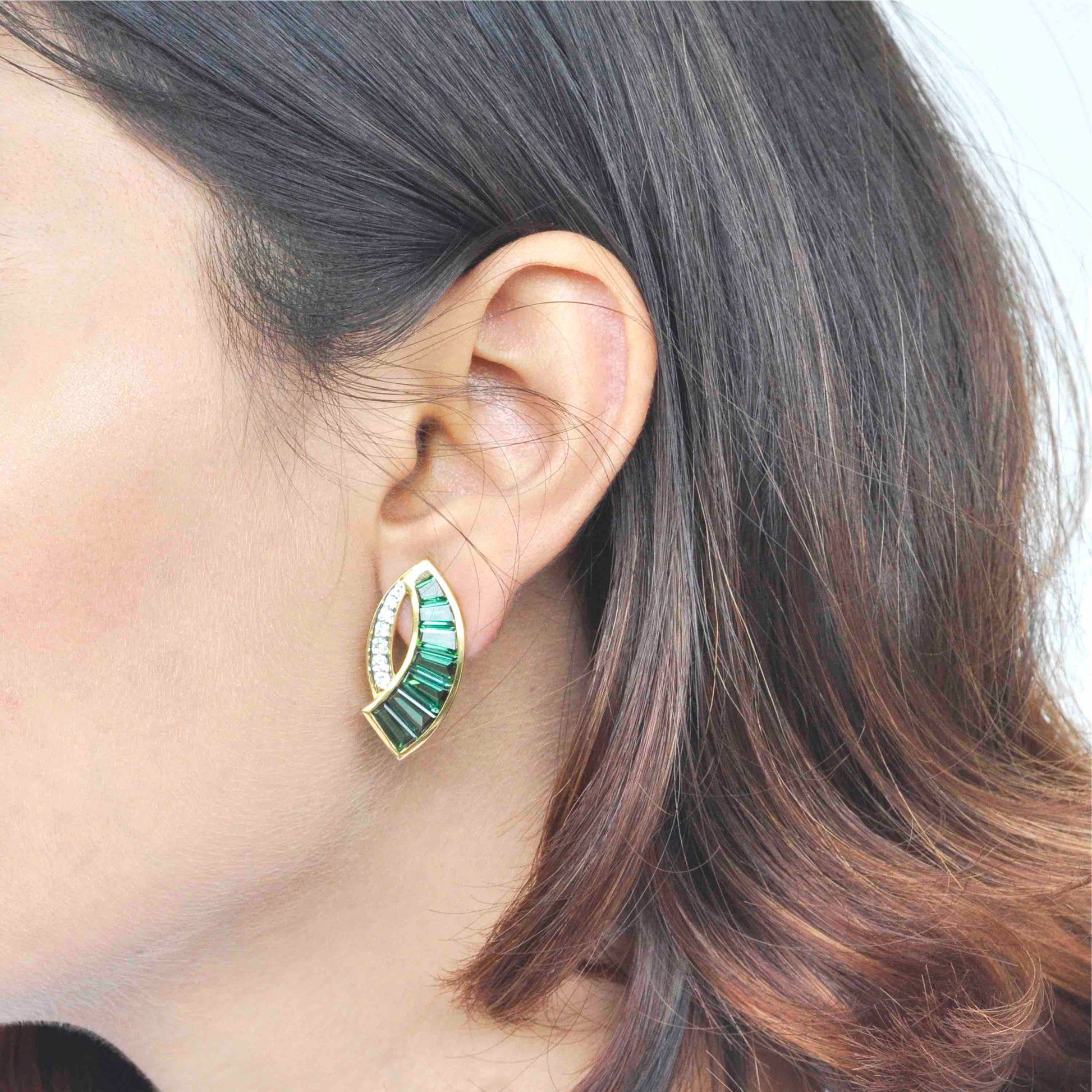 18K Gold Green Tourmaline Baguette Diamond Sword Earrings - Vaibhav Dhadda Jewelry
