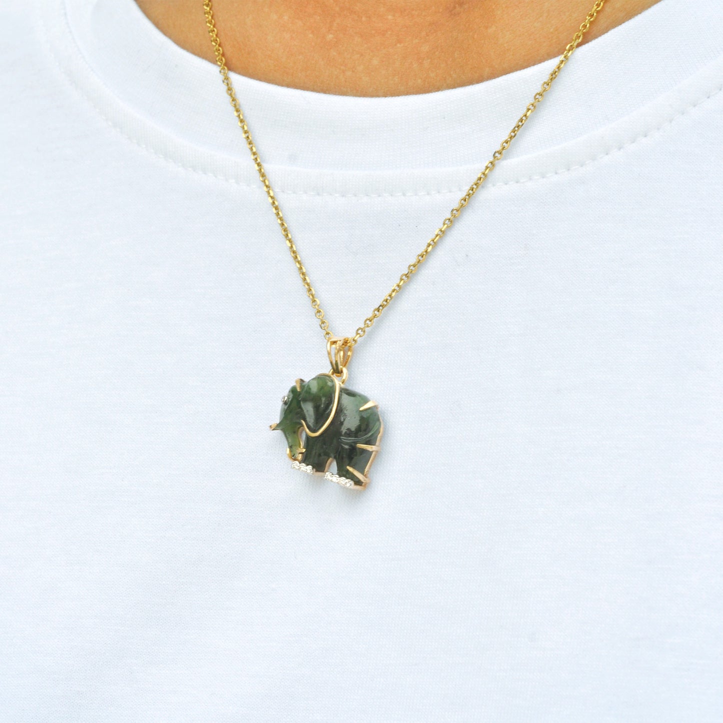 Hand-Carved Nephrite Jade Elephant Diamond Pendant