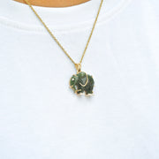 Hand-Carved Nephrite Jade Elephant Diamond Pendant
