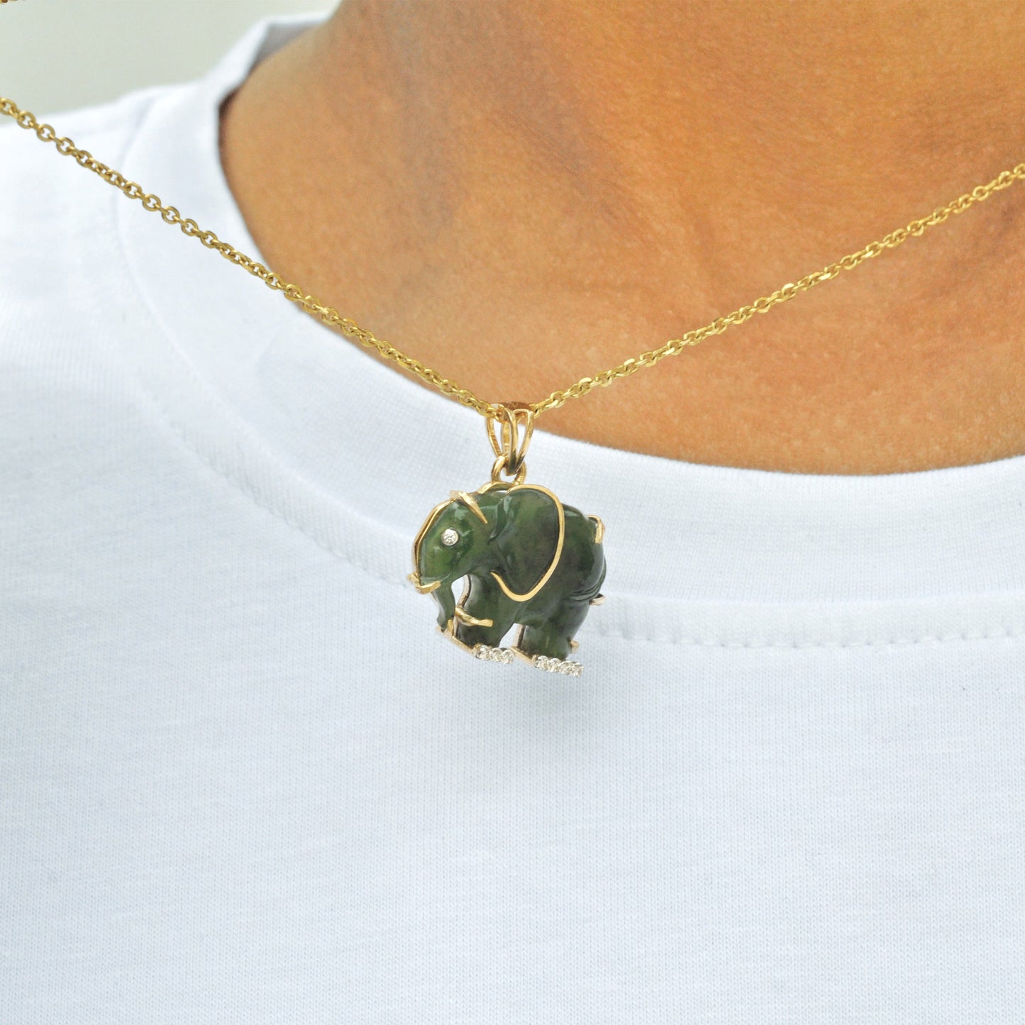 Hand-Carved Nephrite Jade Elephant Diamond Pendant