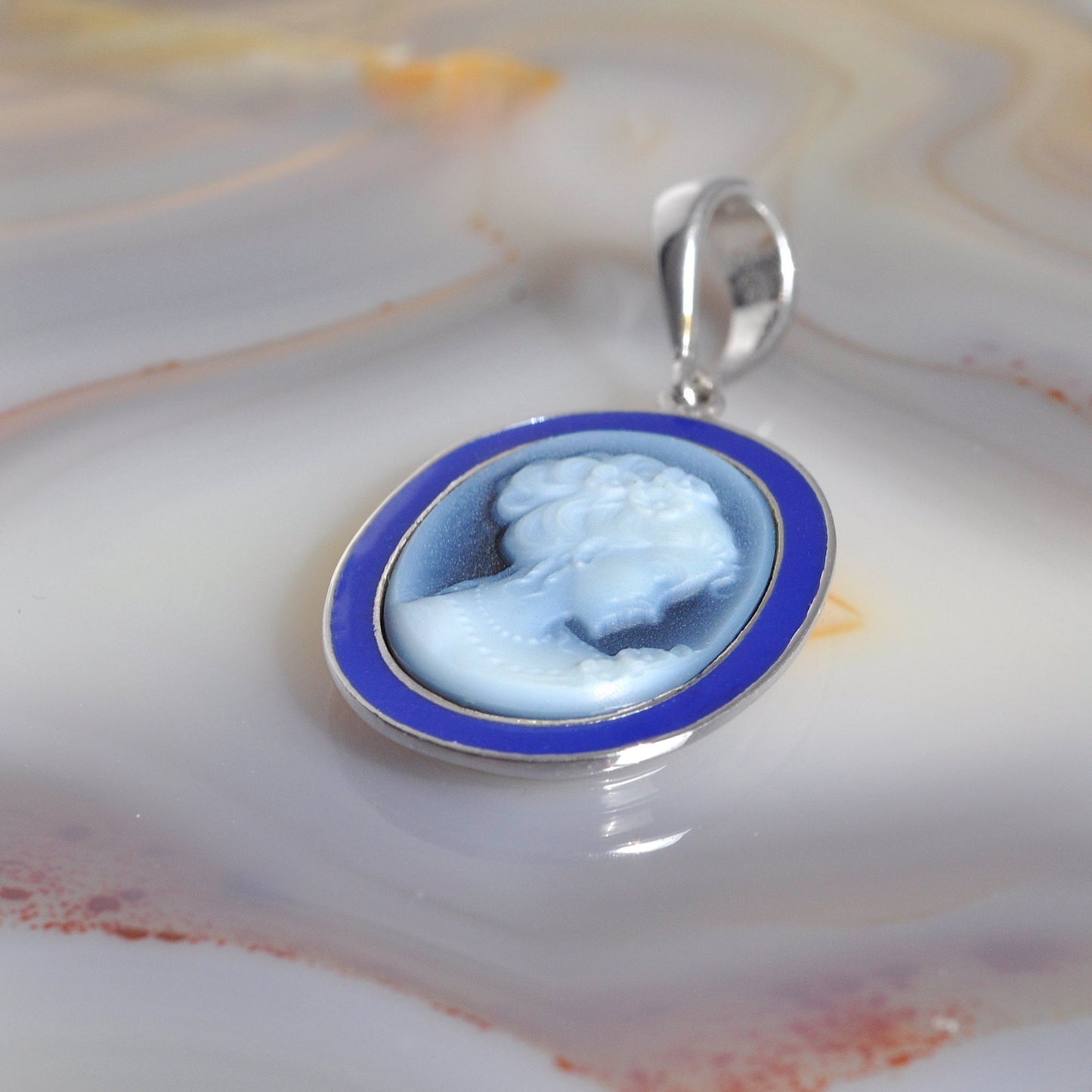 Sterling Silver Lady Blue Enamel Cameo Pendant Necklace