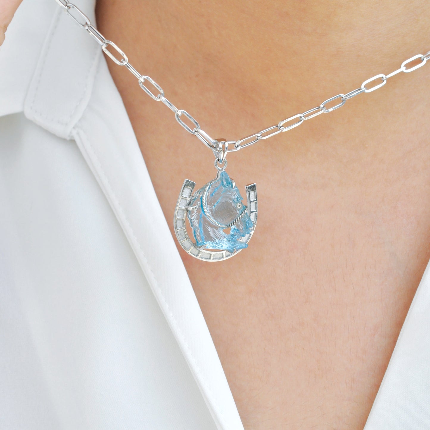 Hand-Carved Swiss Blue Topaz Horse Shoe Pendant