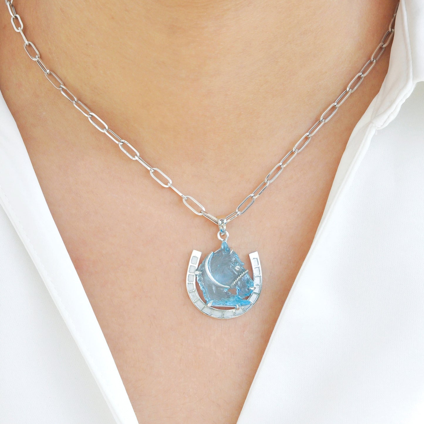 Hand-Carved Swiss Blue Topaz Horse Shoe Pendant