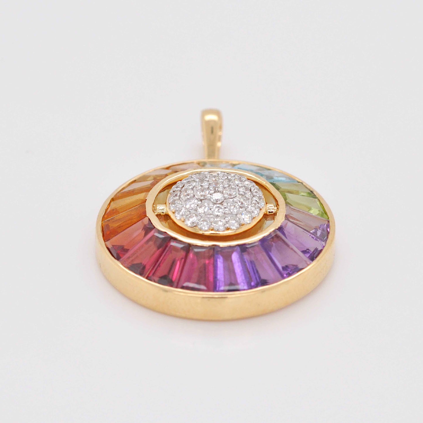 18K Gold Rainbow Gemstone Circle Diamond & Opal Reversible Pendant