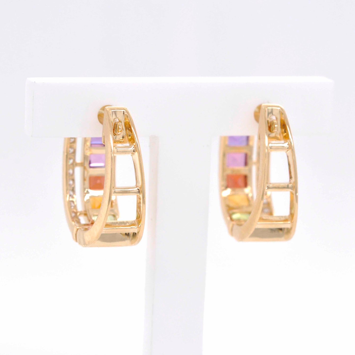 18K Gold Rainbow Gemstones Channel-set Diamond Hoop Earrings