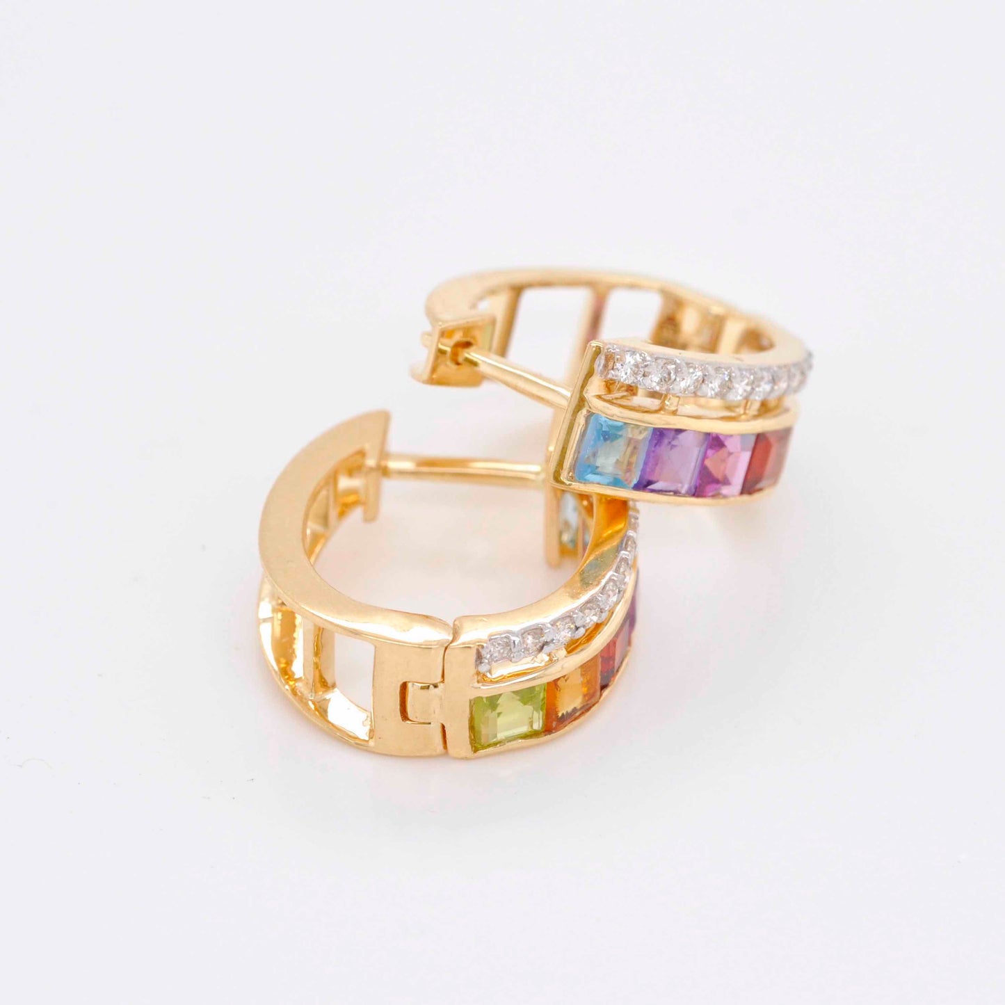 18K Gold Rainbow Gemstones Channel-set Diamond Hoop Earrings