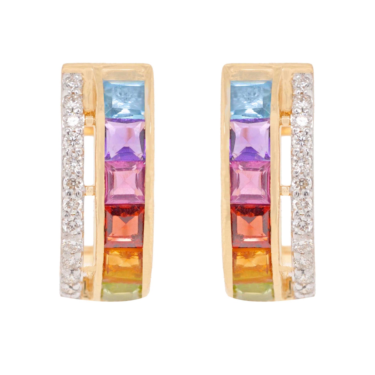18K Gold Rainbow Gemstones Channel-set Diamond Hoop Earrings