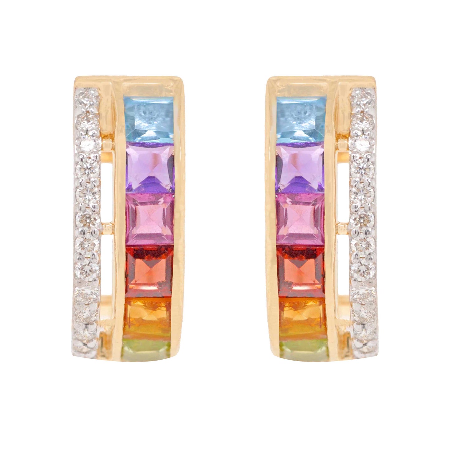 18K Gold Rainbow Gemstones Channel-set Diamond Hoop Earrings