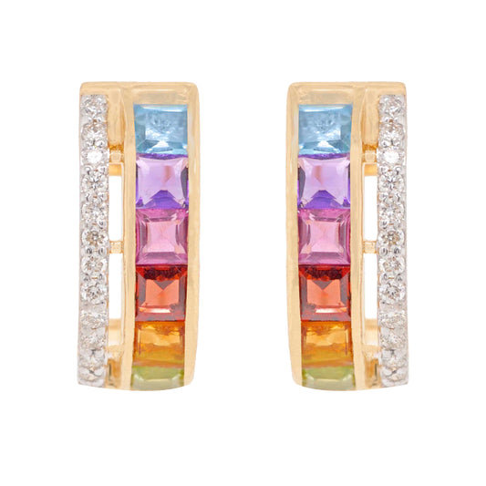 18K Gold Rainbow Gemstones Channel-set Diamond Hoop Earrings
