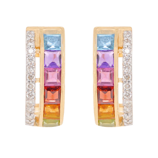 18K Gold Rainbow Gemstones Channel-set Diamond Hoop Earrings