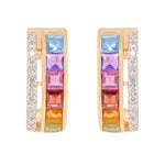 18K Gold Rainbow Gemstones Channel-set Diamond Hoop Earrings