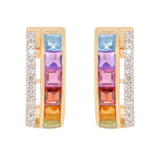 18K Gold Rainbow Gemstones Channel-set Diamond Hoop Earrings